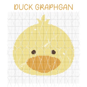 Może przedstawiać: Żółta grafika kaczki na tle kratki z napisem "DUCK GRAPHGAN" u góry. Kaczka ma brązowe oczy i pomarańczowy dziób. Obraz jest przeznaczony do projektu szydełkowego lub dziewiarskiego.