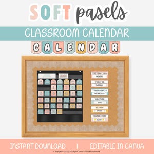 Klassenzimmer-Kalender & Wetterstation, Soft Pastel Klassenzimmer Organisation, PDFs + Canva bearbeitbar, druckbares Klassenzimmer Dekor, Taschenkarte