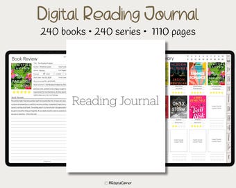 May include: A digital reading journal template on a tablet screen. The template includes a book review section, a reading log, and a library section with book covers. The text on the screen reads "Digital Reading Journal", "240 books", "240 series", "1110 pages", "Book Review", "Reading Journal", and "Library".