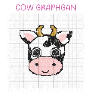May include: Black and white pixel art of a cow's face with pink ears and nose, brown horns, and black eyes. The image is on a grid background.