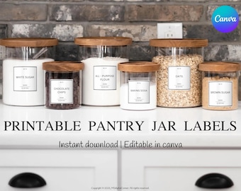 May include: Printable pantry jar labels with a modern minimalist design. The labels are white with black text and include the following items: white sugar, chocolate chips, all-purpose flour, baking soda, oats, and brown sugar.