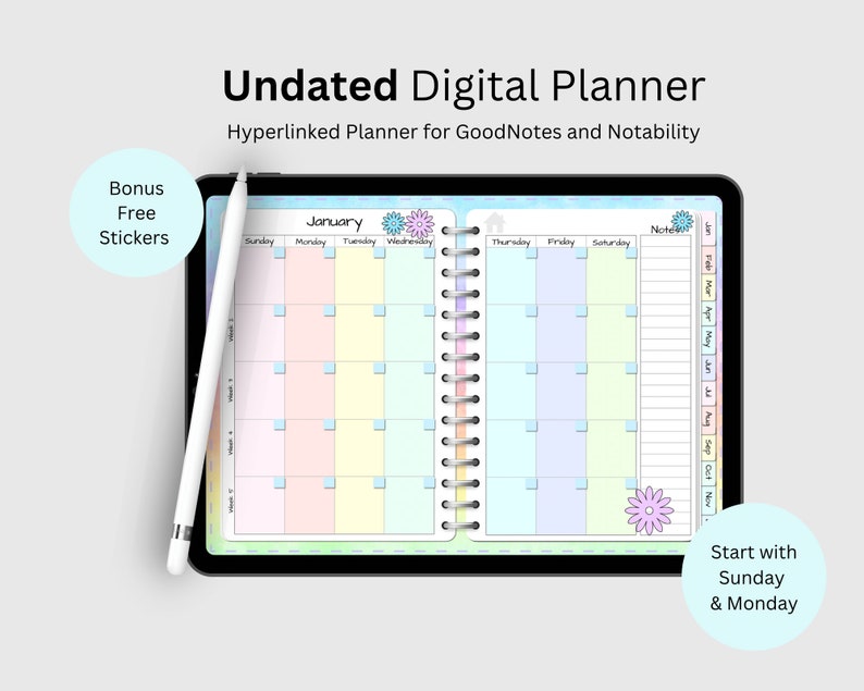 Undated Rainbow Digital Planner, Goodnotes Planner, Notability Planner ...