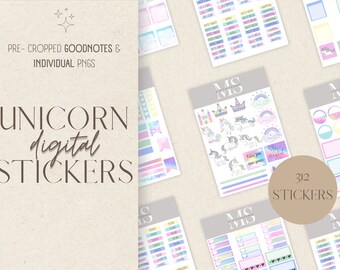 May include: A set of 312 digital unicorn stickers for Goodnotes and other note-taking apps. The stickers feature unicorns, rainbows, stars, and other magical elements in pastel colors.