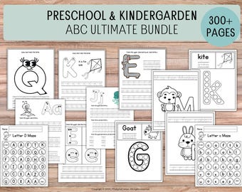 May include: A collection of preschool and kindergarten ABC learning activity pages. The pages feature letter tracing, coloring, and mazes. The text on the pages includes "Preschool & Kindergarten ABC Ultimate Bundle" and "300+ Pages".