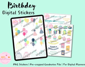 May include: A digital sticker set with a birthday theme. The stickers feature various birthday-related images, including cakes, balloons, hats, and gift boxes. The stickers are in a variety of colours, including pink, blue, yellow, and green. The stickers are designed for use in digital planners.