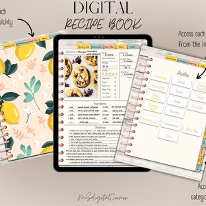 Peut inclure: Un livre de recettes numérique avec une couverture à motif de citron et de fleurs. Le livre comporte un index à onglets avec des catégories telles que le petit-déjeuner, les apéritifs, le déjeuner, les soupes, les accompagnements, les salades, les desserts, les collations, la liste d'épicerie, les conversions, les notes et le plan de repas. Le livre est ouvert sur une recette de biscuits aux pépites de chocolat.