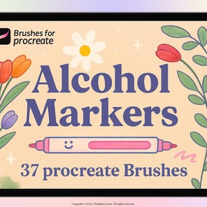 May include: A digital art graphic on a tablet screen. The image features the text "Alcohol Markers" in large, dark blue letters, with "37 procreate Brushes" below. Decorative floral elements and a pink marker illustration are included. The top left corner shows the "Brushes for procreate" logo.