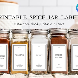 Mall för etiketter för kryddburkar, utskrivbara kryddklistermärken, gör-det-själv-etiketter för örter och kryddor, redigerbara etiketter för köksorganisering