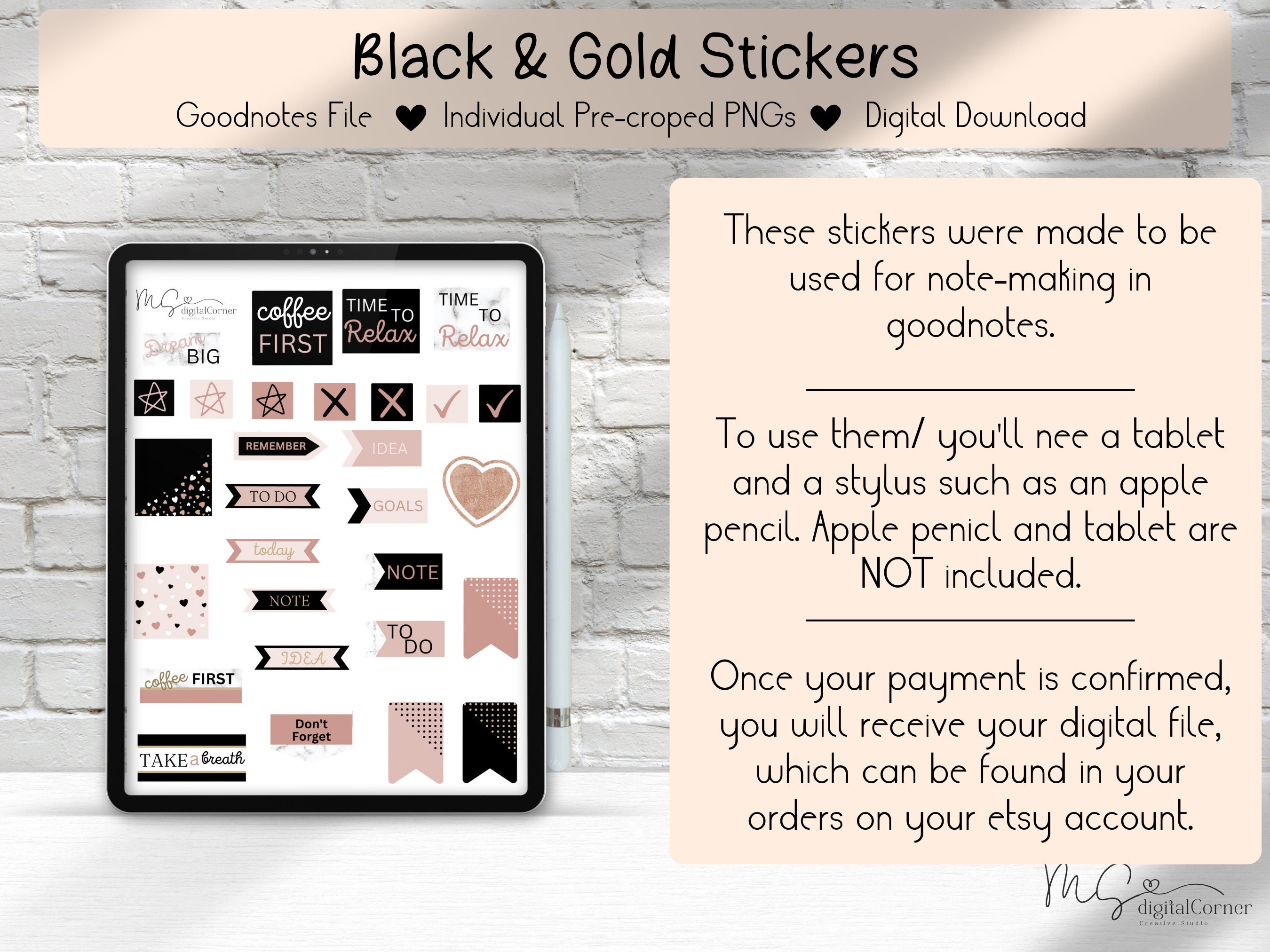 Sticker Notes Gold Black and Gold Digital Stickers, Digital Planner Stickers, Goodnotes ...