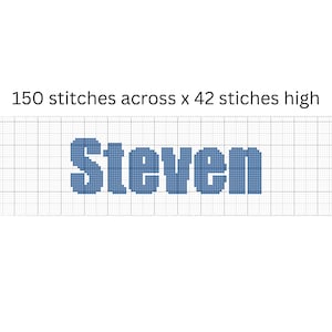 May include: A cross-stitch pattern for the name "Steven" on a grid with 150 stitches across and 42 stitches high.