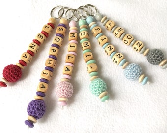 Keychain with name, crochet bead, wooden letters, desired name, customizable, personalizable