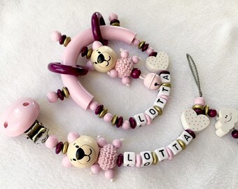 Set of pacifier chain & grasping toy for girls, motifs: bear, heart, cloud, pink, gold, purple