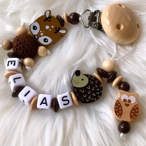 Pacifier chain deer, hedgehog, owl with your desired name, pacifier chain forest animals