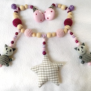 Kinderwagenkette Katze, Stern, Kinderwagenkette Mädchen, Farbe rosa, purpur, grau