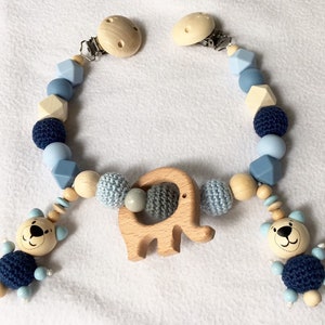 Kinderwagenkette Elefant, Bär, Farbe: Natur, Hellblau, Mittelblau, Dunkelblau & Grau, Kinderwagenkette Junge