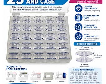 May include: A set of 25 clear plastic Class 15 bobbins in a storage case for top loading sewing machines. The case includes diagrams showing dimensions of 20.5 mm outside diameter, 11.5 mm height, and 6.2 mm axis diameter. Compatible with Janome, Kenmore, Singer, Consew, and Brother.