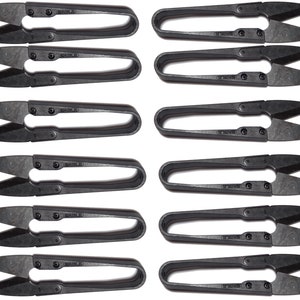 May include: Ten black thread snips with a small hole in the handle. The snips are about 4 inches long.