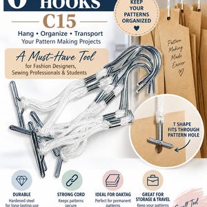 May include: Six silver metal pattern hooks with white braided cords, featuring a T-shaped end designed to fit through holes in brown paper pattern sheets. The text includes 6 PATTERN HOOKS, C15, KEEP YOUR PATTERNS ORGANIZED, and T SHAPE FITS THROUGH PATTERN HOLE.