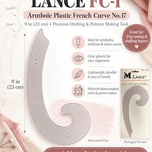 May include: A LANCE FC-1 armhole plastic French curve No. 17 measuring 9 inches in length. This clear plastic drafting and pattern making tool features a curved design with small holes, presented alongside its retail packaging and text.