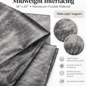May include: Black UF363 midweight nonwoven fusible interfacing measuring 36 inches by 60 inches. The material features a dotted adhesive texture on one side for bonding to fabric, providing stable support for sewing, tailoring, and craft projects.