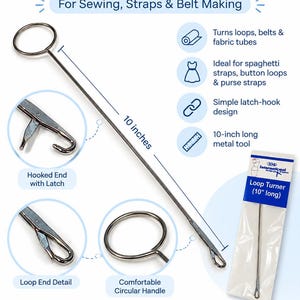 May include: A 10-inch metal loop turner tool for sewing, featuring a long shaft, a circular handle, and a hooked end with a latch. The tool is shown in detail with close-ups of the hook, the loop end, and the handle, plus its retail packaging.