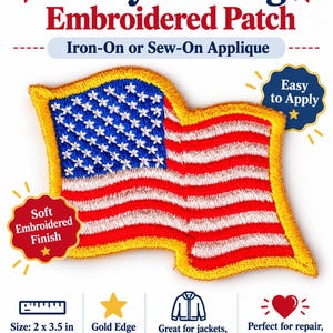 May include: A wavy US flag embroidered patch with a gold border. The patch features red and white stripes and a blue field with white stars. Text includes Wavy US Flag Embroidered Patch, Iron-On or Sew-On Applique, Easy to Apply, Soft Embroidered Finish, and Size: 2 x 3.5 in.
