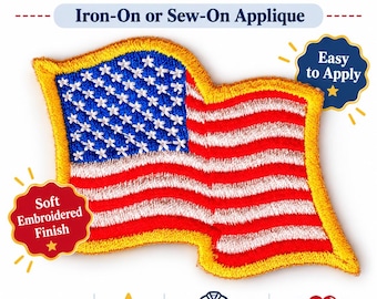 May include: A wavy US flag embroidered patch with a gold border. The patch features red and white stripes and a blue field with white stars. Text includes Wavy US Flag Embroidered Patch, Iron-On or Sew-On Applique, Easy to Apply, Soft Embroidered Finish, and Size: 2 x 3.5 in.