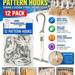 May include: A 12-pack of C15 pattern hooks for sewing and design studio organization. The set includes silver metal hooks with white cord loops and T-shaped bars for hanging paper, manila, tagboard, or muslin patterns on a rack or wall hook.
