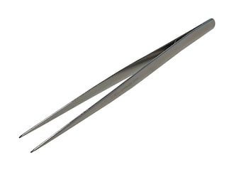 Stainless Steel 6" Deluxe Straight Tweezers, TWE8 Serrated tips ensure a tight grasp, knurled handle helps to keep a steady grip