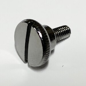 May include: A black metal screw with a large, flat head and a single slot for a screwdriver. The screw has a threaded shaft and a rounded tip.