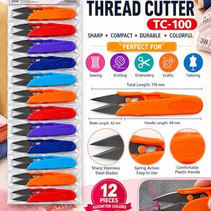 May include: A pack of 12 Golden Eagle TC-100 thread cutters in assorted colors. Each tool features sharp stainless steel blades, a spring-action mechanism, and a plastic handle. The total length is 110 mm, with a 42 mm blade and 84 mm handle.