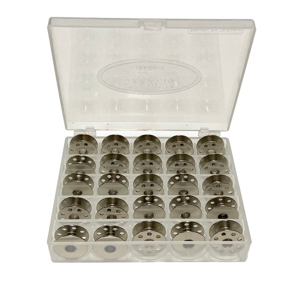 25 METAL Bobbins and Case, Class 15. Fits many top loading bobbin sewing machines including Janome, Kenmore,  Singer,  Consew, and Brother