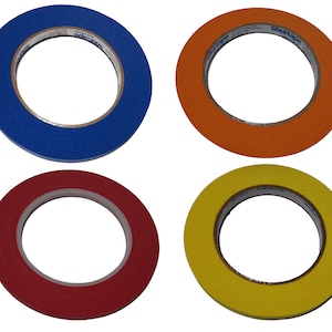 May include: Four rolls of painter's tape in blue, orange, red, and yellow. The tape is on a white background.