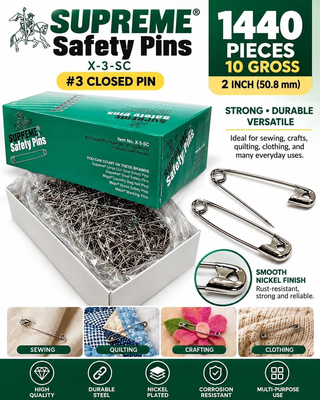 Supreme #3 Safety Pins 2 Inch, 1440 Count Bulk Box, Nickel Plated