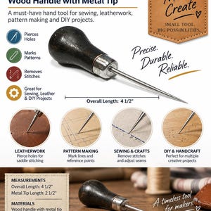 May include: A scratch awl featuring a dark wood handle and a pointed metal tip. The tool has an overall length of 4 1/2 inches and a metal tip length of 2 1/2 inches. Text on the image includes Scratch Awl, Pierce Mark Create, and Precise. Durable. Reliable.