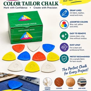 May include: A box of 10 pieces of Lotus Color Tailor Chalk in blue, red, yellow, and white. The triangular chalk pieces are displayed alongside the green packaging box, which features the brand name and logo. Text includes "Lotus Color Tailor Chalk" and "Box of 10 Pieces".
