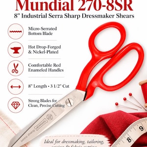 Mundial 270-8SR 8" Industrial Serra Sharp Dressmaker Shears Micro-Serrated Tailoring Scissors