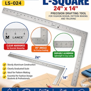 May include: A silver-colored aluminum L-square drafting tool labeled Lance LS-024. The tool features clear black measurement markings in inches, with a 24-inch long arm and a 14-inch short arm, forming a precise 90-degree angle for pattern making.