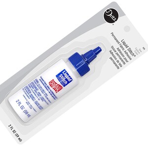 May include: A 2-ounce bottle of Dritz Liquid Stitch Original Permanent Fabric Adhesive. The bottle is white with blue lettering and a blue cap with a dropper.