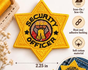 May include: A yellow star-shaped embroidered patch with the text SECURITY OFFICER in black. The center features a bell graphic. It measures 2.25 inches wide. The patch includes iron-on or sew-on application, heat-seal adhesive backing, and soft cotton material.