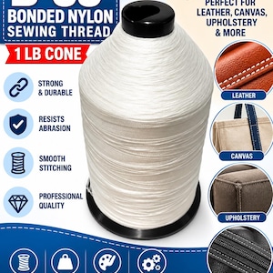 May include: A large white cone of B-69 bonded nylon sewing thread weighing 1 lb. The industrial-grade thread is designed for heavy-duty applications including leather, canvas, upholstery, and bags, featuring a smooth finish for stitching.