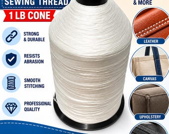 May include: A large white cone of B-69 bonded nylon sewing thread weighing 1 lb. The industrial-grade thread is designed for heavy-duty applications including leather, canvas, upholstery, and bags, featuring a smooth finish for stitching.