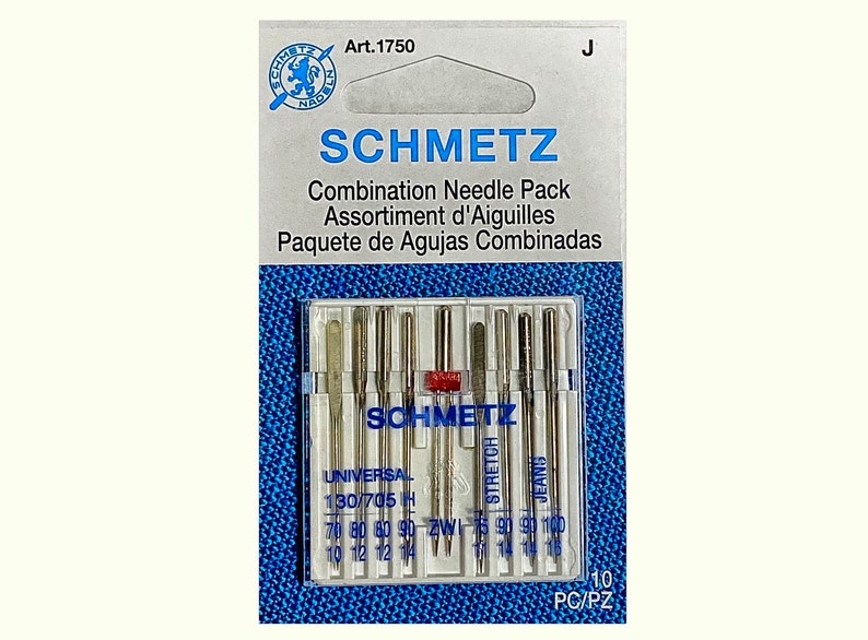 Pode incluir: Um pacote de 10 agulhas de m&aacute;quina de costura sortidas da marca Schmetz. O pacote inclui agulhas universais, stretch e jeans. As agulhas s&atilde;o embaladas em uma caixa de pl&aacute;stico transparente com um r&oacute;tulo azul e branco. O r&oacute;tulo inclui o texto "Art. 1750", "Schmetz", "Combination Needle Pack", "Assortiment d'Aiguilles", "Paquete de Agujas Combinadas", "Universal 130/705 H", "Stretch", "Jeans", "10 PC/PZ".