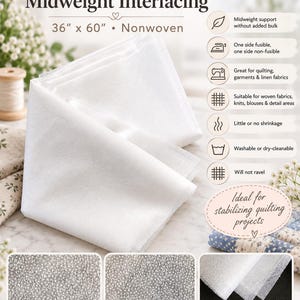 May include: White fusible UF363 midweight nonwoven interfacing measuring 36 inches by 60 inches. The product features a textured surface, with close-up views of the front and back sides, and a detail shot showing the thickness and nonwoven material.