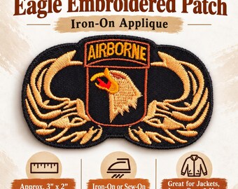 May include: An oval-shaped embroidered patch featuring a golden eagle head profile centered within a black background, topped with a rectangular banner reading AIRBORNE in gold letters. The patch measures approximately 3 inches by 2 inches.