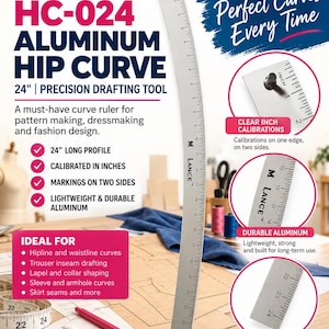 May include: A 24-inch silver aluminum hip curve drafting tool with clear inch calibrations on both sides. The tool features the text LANCE HC-024 ALUMINUM HIP CURVE, 24 INCH PRECISION DRAFTING TOOL, and Create Perfect Curves Every Time.