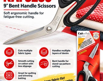 May include: KAI 5230 9-inch bent handle scissors with stainless steel blades and black ergonomic handles. The product packaging displays the model name, features for cutting multiple fabric layers, and a design to keep fabric flat on the table.