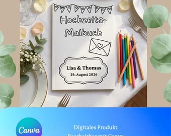 Malbuch Hochzeit anpassbar| Digitales PDF & Canva-Vorlage | Personalisiertes Rätselheft für Kinder | Sofort-Download | DIY zum Selbstdrucken