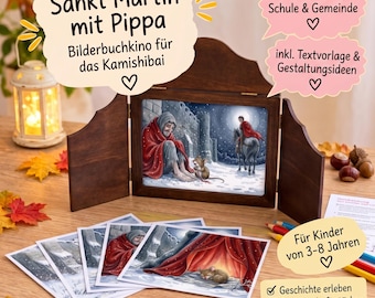 Könnte beinhalten: Ein dunkelbrauner hölzerner Kamishibai-Rahmen mit aufklappbaren Seitenteilen, der eine Illustration von Sankt Martin und einer Maus in einer Schneelandschaft zeigt. Enthält illustrierte Bildkarten und deutschen Text.