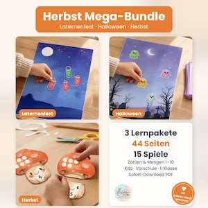 Pode incluir: Um pacote educativo digital intitulado Herbst Mega-Bundle com três temas: Laternenfest, Halloween e Herbst. Inclui 44 páginas e 15 jogos para contar de 1 a 10, com folhas de atividades ilustradas mostrando lanternas, fantasmas e cogumelos.